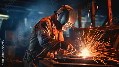 Welder erecting technical steel. Industrial steel welder in factory technical.