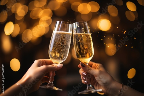 Festive Champagne Toast Against Sparkling Golden Bokeh