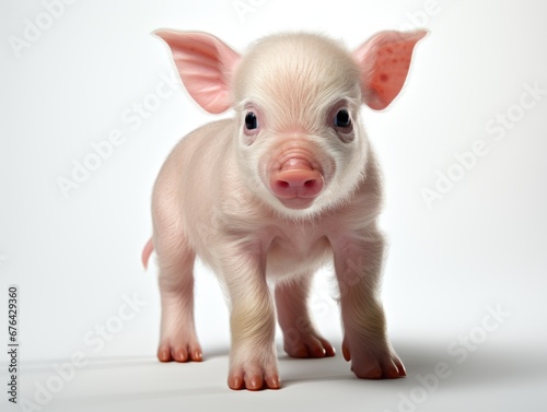 A small pig standing on a white surface.