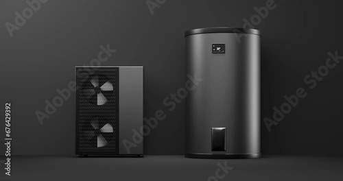 rotating fan of a heat pump energy as a heater and alternative energy with storage tank - 3D Animation 4k 60 fps DCI seamless loop