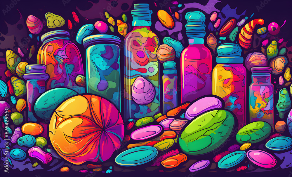 Colorful illustration of hallucinogenic pills and capsules on dark background.	