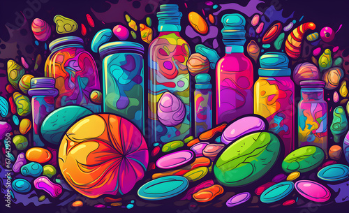 Colorful illustration of hallucinogenic pills and capsules on dark background. 
