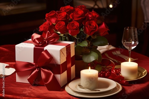 Romantic dinner setting with red roses and gift box on table.Valentine's Day Concept