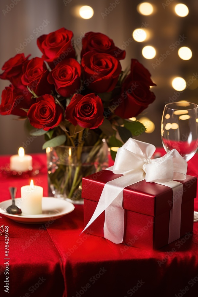 Obraz premium Romantic dinner setting with red roses and gift box on table.Valentine's Day Concept