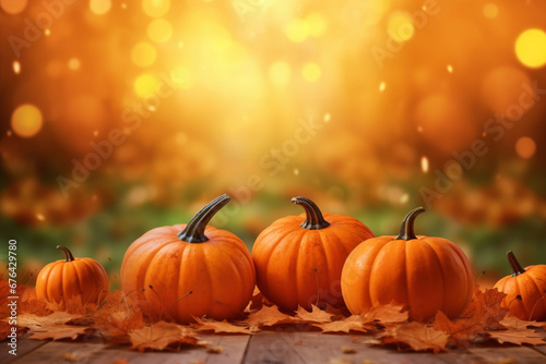 Autumn harvest season, pumpkins and foliage background