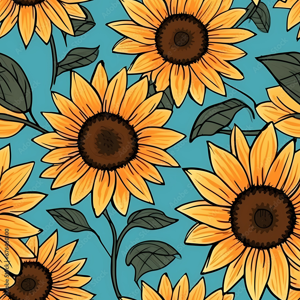 A watercolor painting of sunflowers seamless pattern in doodle style