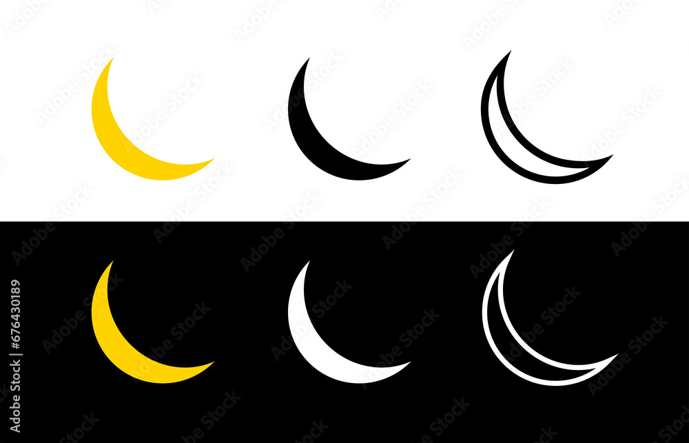 Moon icons set. Crescent silhouette, symbol of night and religion of Islam. Mosque or Muslim sign.