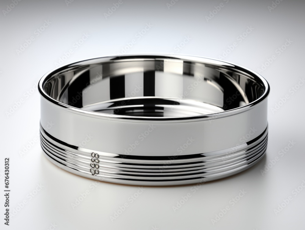 A stainless steel dog bowl on a white surface. Realistic clipart on white background A stainless steel dog bowl on a white surface. Realistic clipart on white background