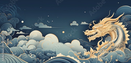 Slika na platnu Happy New Year, 2024, Blue Dragon, Zodiac sign year of the Blue Dragon, Happy Ch