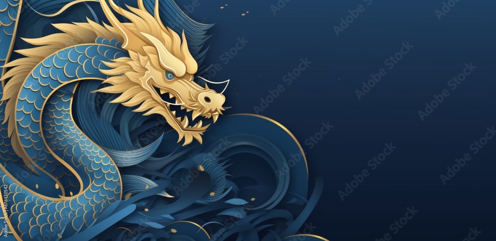 Happy New Year, 2024, Blue Dragon, Zodiac sign year of the Blue Dragon, Happy Chinese New Year 2024 Zodiac sign Dragon on Blue background - obrazy, fototapety, plakaty 
