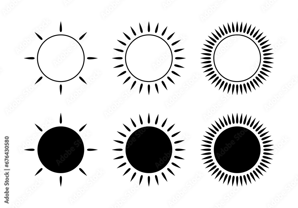 Set of abstract sun icons. A symbol of warmth and light. Stylized sun with rays. 