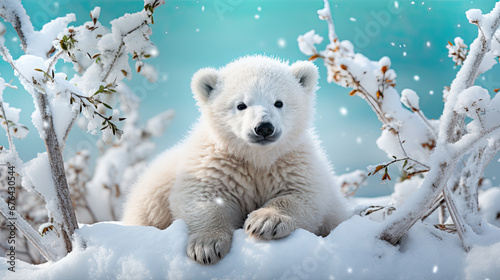 A baby polar bear lies in the snow photo