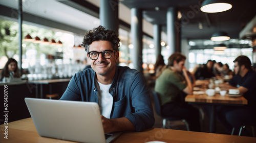 Man working on laptop in cafe, freelancer with computer in cafe, man in glasses smiling looking at the camera