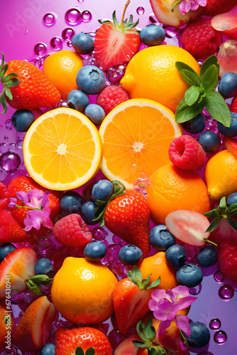 fruits with water splashes  on color background  fresh and healthy food