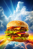 burger with meat, cheese and vegetables on a blue sky and clouds background, with colorful light glow