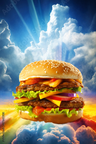 burger with meat, cheese and vegetables on a blue sky and clouds background, with colorful light glow