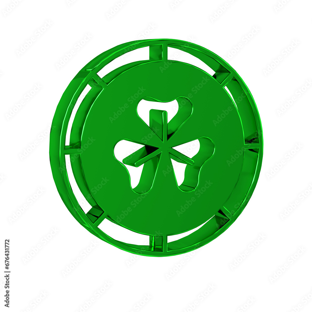 Green Golden leprechaun coin with clover trefoil leaf icon isolated on transparent background. Happy Saint Patricks day. National Irish holiday. Green Golden leprechaun coin with clover trefoil leaf icon isolated on transparent background. Happy Saint Patricks day. National Irish holiday.