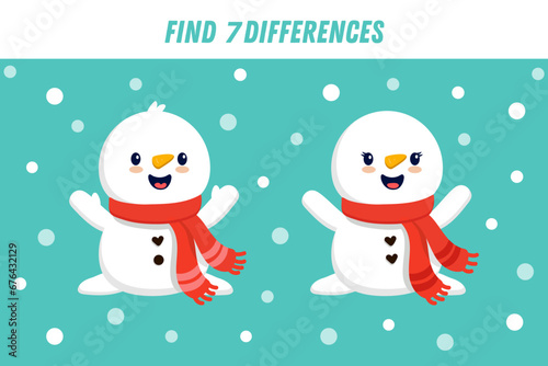 Find 7 differences between two pictures of cute snowman in scarf. Cute snowman in flat style. Activity page. Christmas game. Vector