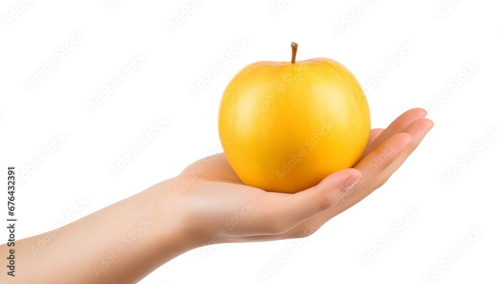 hand holding a yellow apple isolated on transparent background cutout hand holding a yellow apple isolated on transparent background cutout
