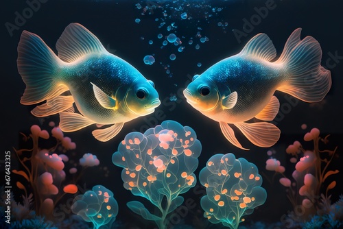 Underwater world. Fish and corals in marine aquarium with best lighting