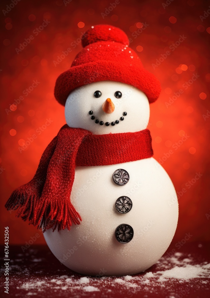 Fototapeta premium Cute snowman on a snowy background. Generative AI.