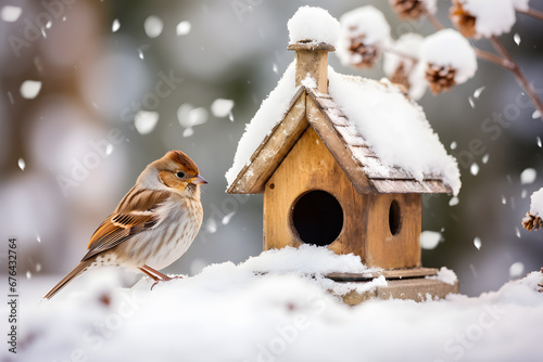 Sparrow bird next to feeding house in snow during winter © Firn