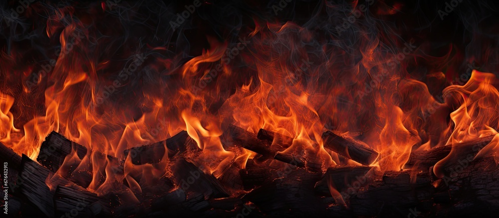 In the abstract background of nature the texture of wood combines with the play of light to create a mesmerizing scene of fire The black orange and red hues dance together showcasing the in In the abstract background of nature the texture of wood combines with the play of light to create a mesmerizing scene of fire The black orange and red hues dance together showcasing the in