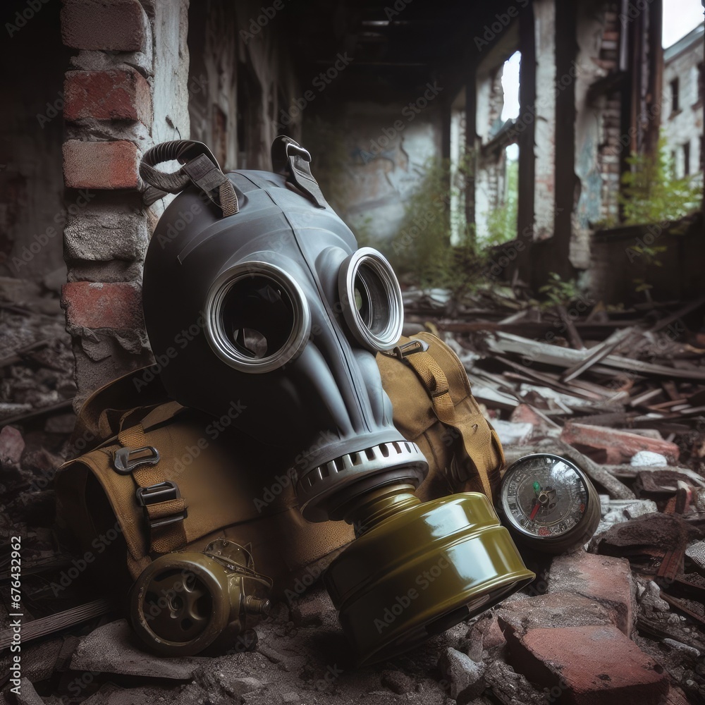 soldier gas mask in the middle of a destroyed building war background ...