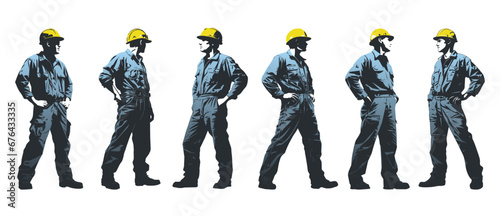 Construction worker poses wearing helmet and blue work overall. Warehouse worker in uniform. Transparent PNG. Retro clipart . Worker silhouette set. Abstract vector illustration isolated on white