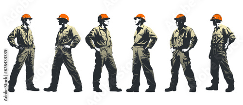 Construction worker poses wearing helmet and khaki work overall. Warehouse worker in uniform. Transparent PNG. Retro clipart. Worker silhouette set. Abstract vector illustration isolated on white