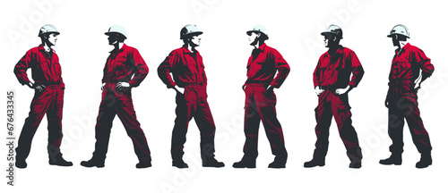 Construction worker poses wearing helmet and red work overall. Warehouse worker in uniform. Transparent PNG. Retro clipart. Worker silhouette set. Abstract vector illustration isolated on white