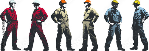 Construction worker poses wearing helmet and work overall. Warehouse worker in uniform. Transparent PNG. Retro clipart. Worker silhouette set. Abstract vector illustration isolated on white