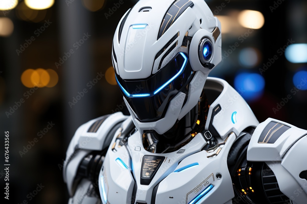 Innovative Design: A white robot with meticulously crafted blue and black details, embodying a sleek and modern approach to robotics Innovative Design: A white robot with meticulously crafted blue and black details, embodying a sleek and modern approach to robotics