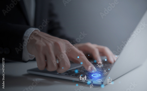 turn on or off laptop or program by a person pressing the turn off or on button in holographic to access data and manage by business style 