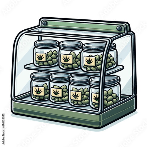 Vector Illustration of a Cannabis Dispensary Display Case With Jars of Marijuana