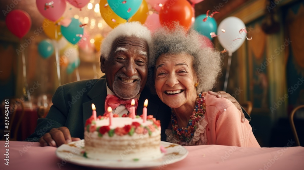 senior people's day concept. happy multiethnic couple in love celebrates holiday with cake