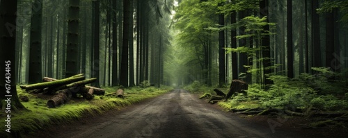Mystical foggy morning after rain in a dense pine forest. Road in the mountain forest. © grigoryepremyan