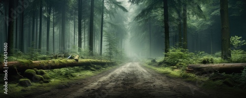 Mystical foggy morning after rain in a dense pine forest. Road in the mountain forest.