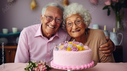senior people's day concept. happy multiethnic couple in love celebrates holiday with cake