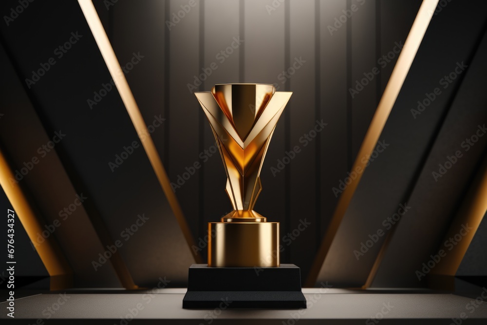 Trophy. An Abstract Geometric Sports Trophy in Metallic Gold. Infinite Victory. Esports Trophy. - obrazy, fototapety, plakaty 