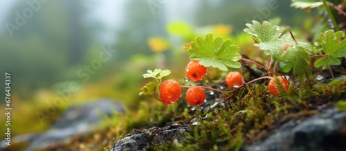 The beautiful cloudberry surrounded by a breathtaking autumn backdrop of green orange and red leaves against the mountains created a stunning bokeh effect and showcased the natural beauty of