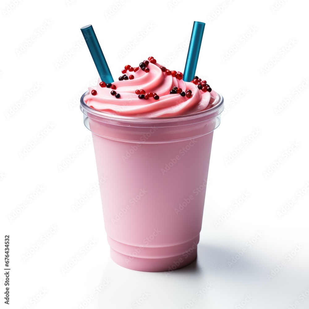 A pink milkshake with two straws in it. Realistic clipart on white background A pink milkshake with two straws in it. Realistic clipart on white background