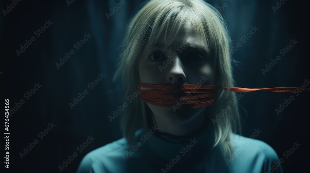 woman with her mouth gagged with tape. sacrifice concept - obrazy, fototapety, plakaty 