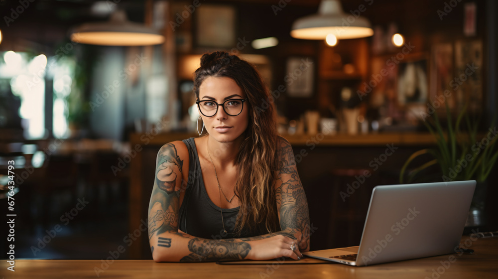 Young woman with tattoos working on laptop in cafe. Girl with tattoo, designer freelancer student working on computer at table, AI generated model