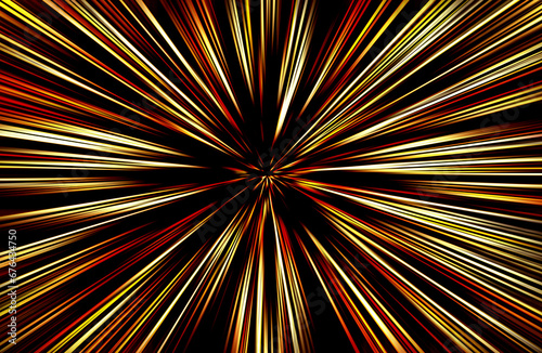Fototapeta Naklejka Na Ścianę i Meble -  Abstract surface of radial blur zoom in orange, yellow tones on a black background. Bright glowing background with radial, diverging, converging lines.