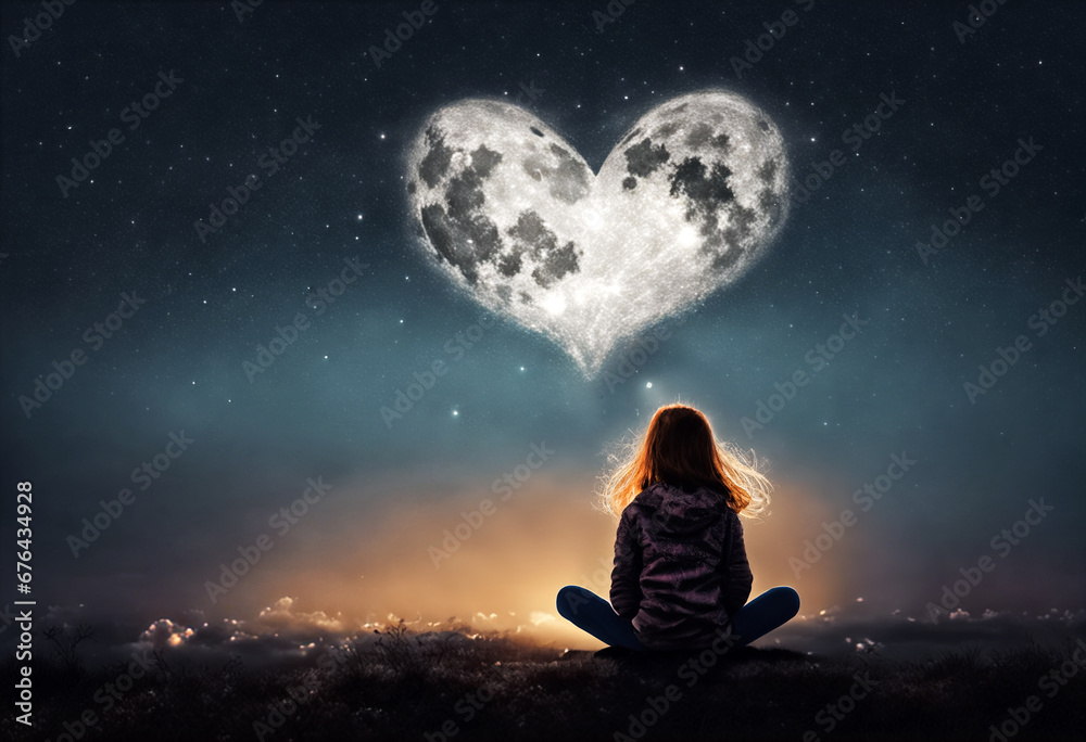 Bambina sedua a contemplare la luna a forma di cuore - obrazy, fototapety, plakaty 