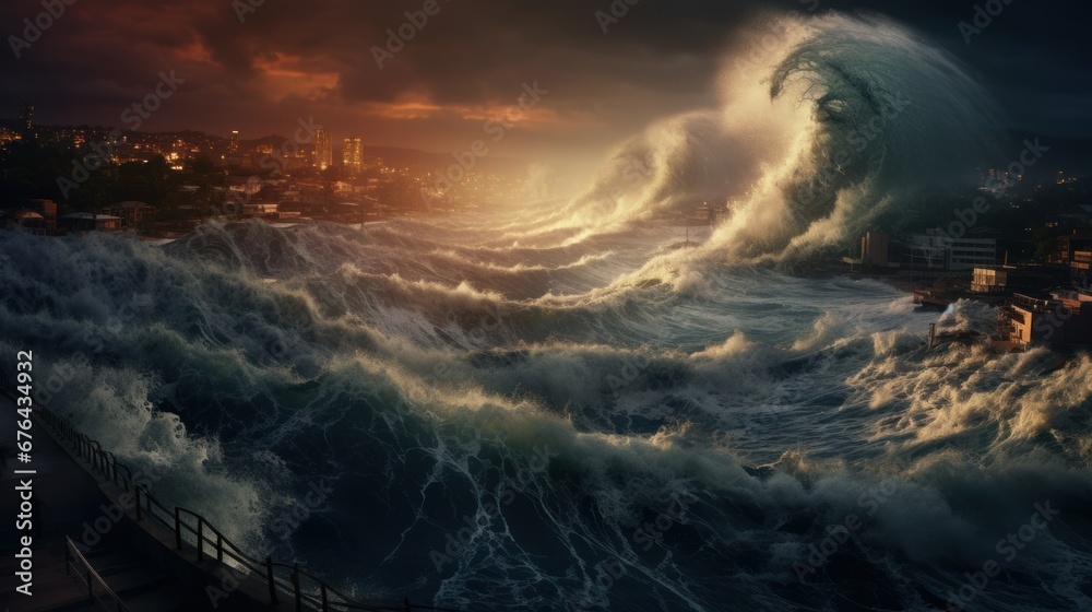 Fototapeta premium disasters. a huge tsunami wave covers the city