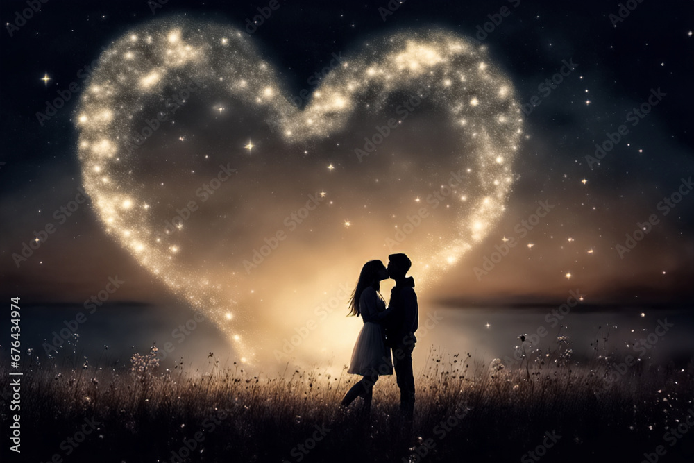 Magia Lunare dell'Amore- Ragazzo e Ragazza sotto il Cielo Notturno