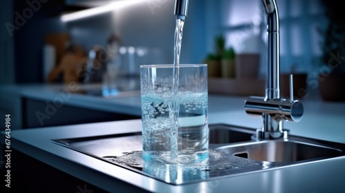 view from above water is pouring from the tap in the kitchen in the bathroom in glass problems of lack of clean water. vertical photo