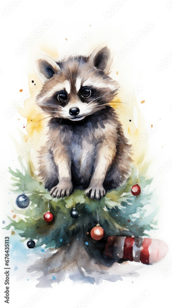 watercolor painted raccoon on a Christmas tree. vertical photo
